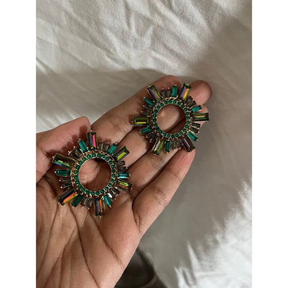 Large green earring stud Sunburst Rhinestone Round ab iridescent Vitrail big - Picture 2 of 7